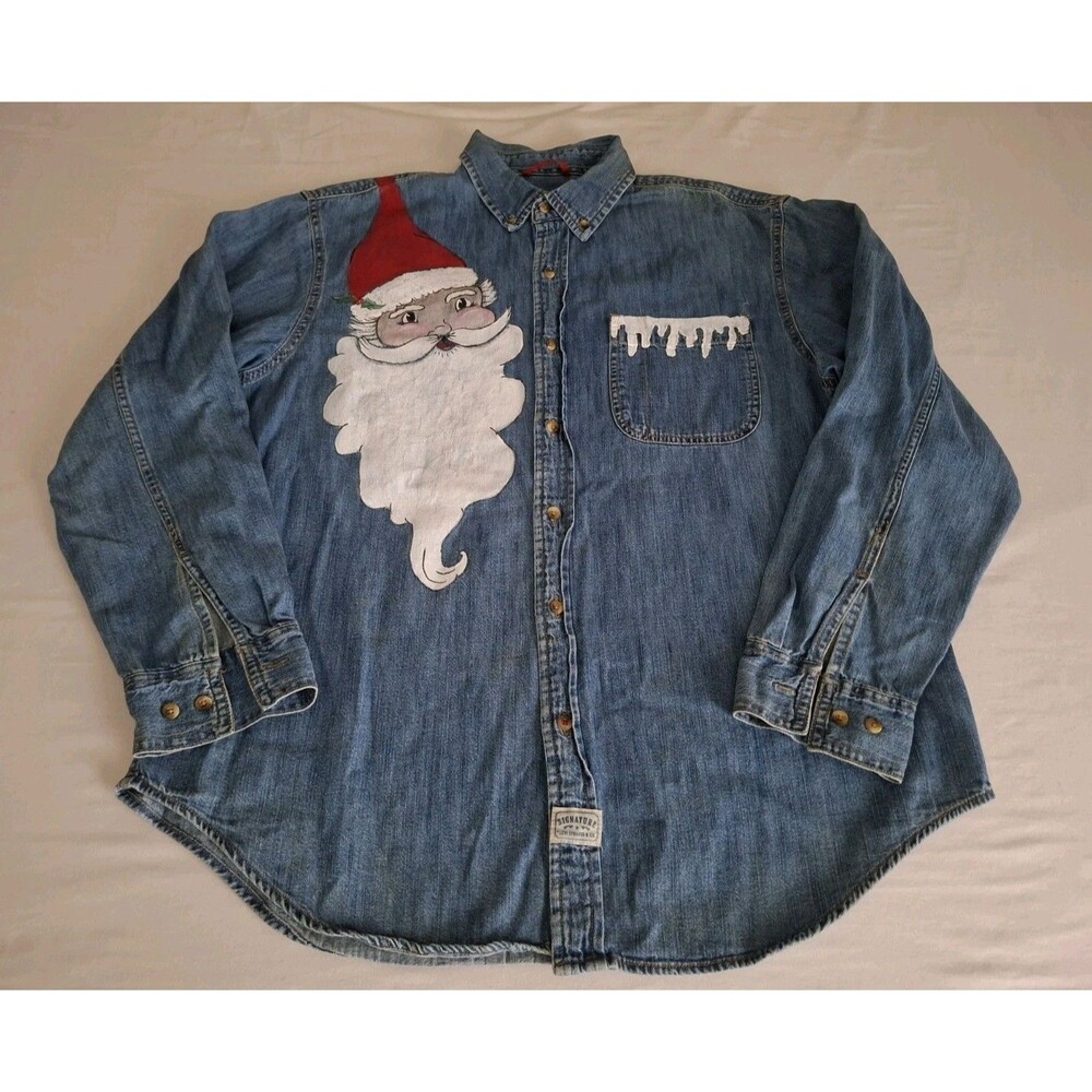 Upcycled Denim Christmas Shirt Button Up Women's Sz L Hand Painted Whimsy